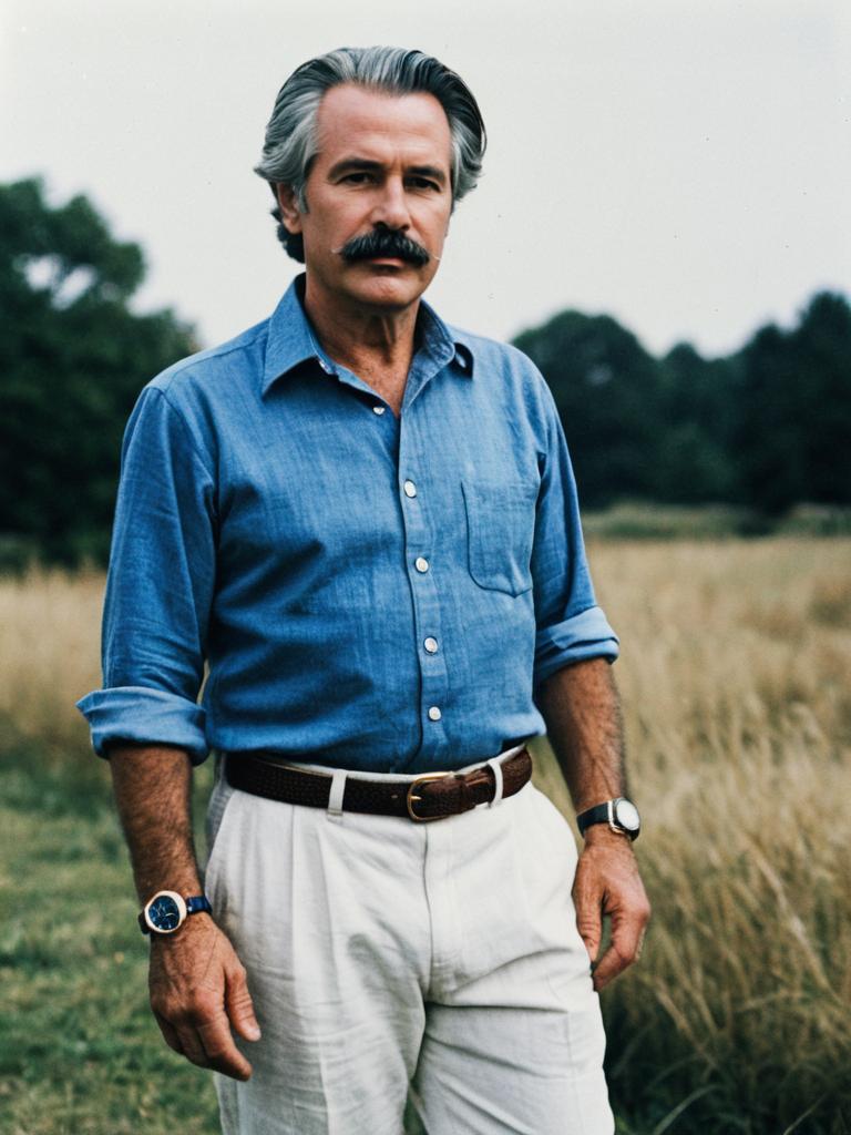 Man Wearing Linen Trousers and Blue Shirt with Wristwatches Outdoors