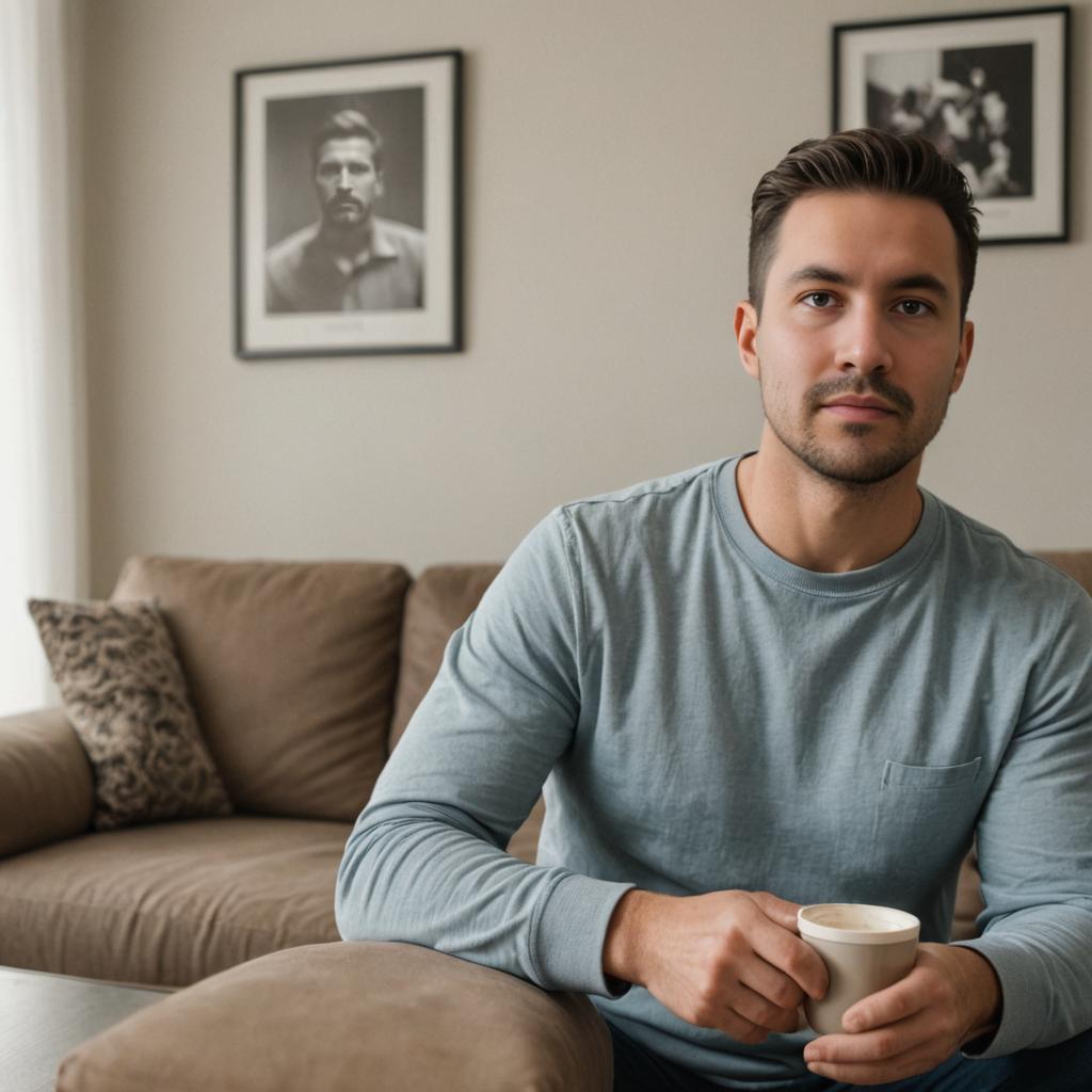 Man with Coffee in Cozy Living Room