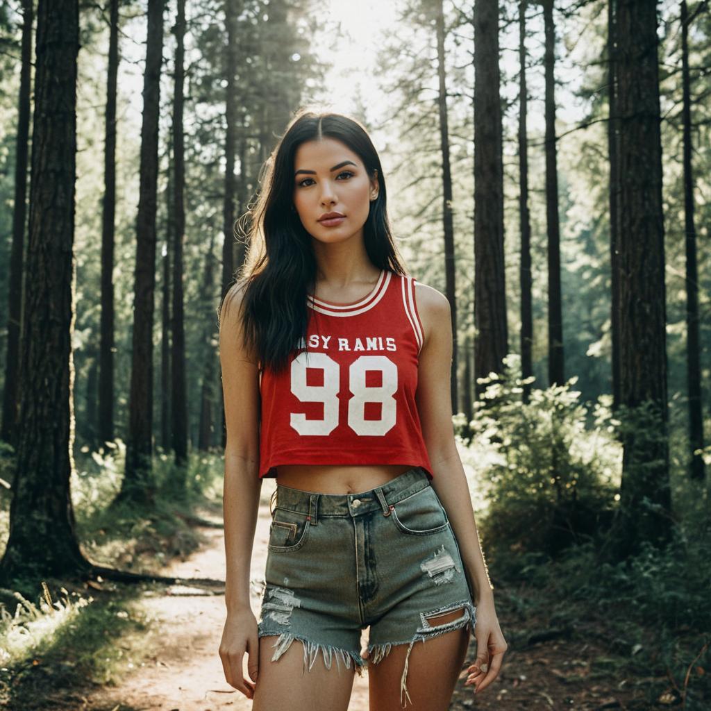 Young Woman in Sporty Crop Top and Denim Shorts in Pine Forest