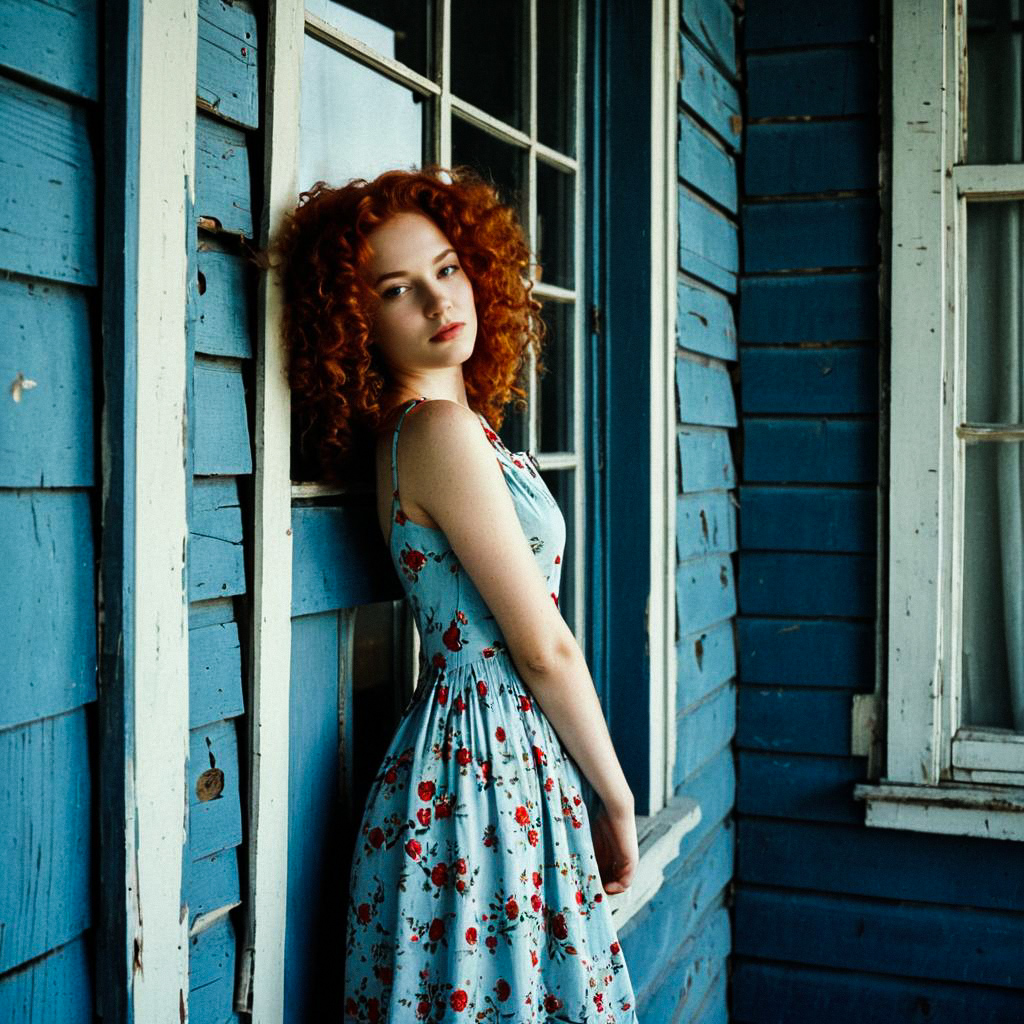 Thoughtful Young Woman with Red Hair in Floral Dress