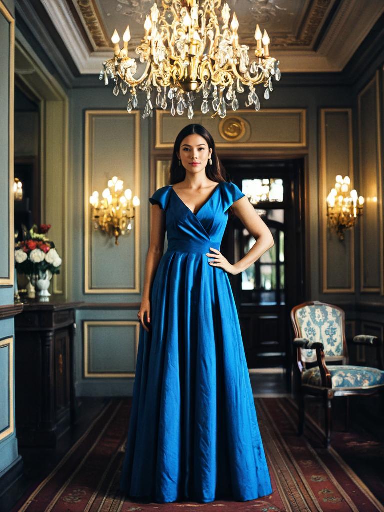 Elegant Woman in Blue Designer Gown in Luxurious Classic Interior
