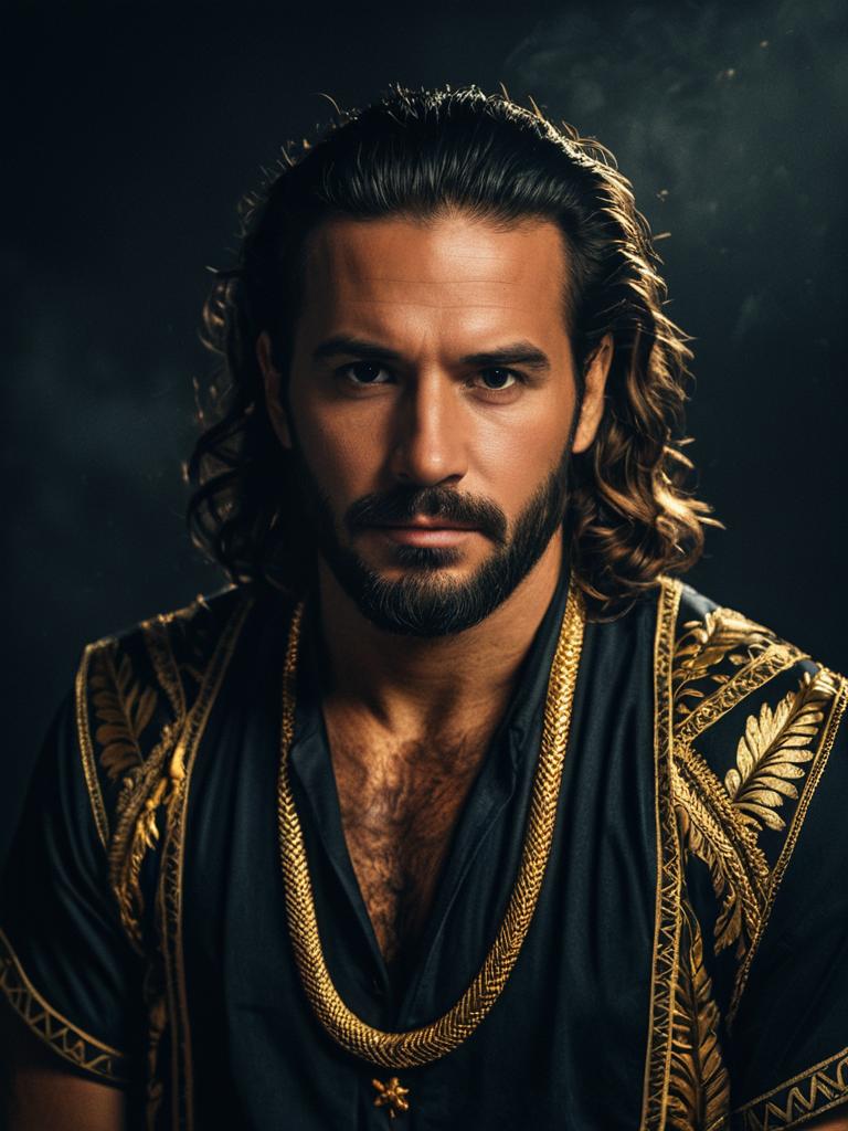 Photorealistic Portrait of Man in Detailed Maui Costume with Gold Embroidery