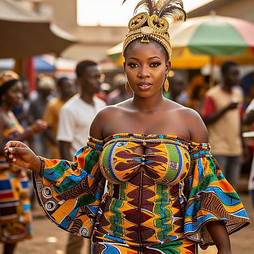 Elegant Woman in Vibrant African Traditional Dress with Beaded Headpiece at Market