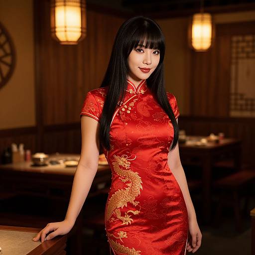 Elegant Woman in Traditional Red Cheongsam Dress with Golden Dragon Embroidery