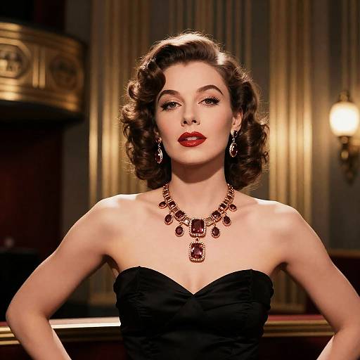 Vintage Hollywood Glamour Woman in Elegant Black Dress with Ruby Jewelry