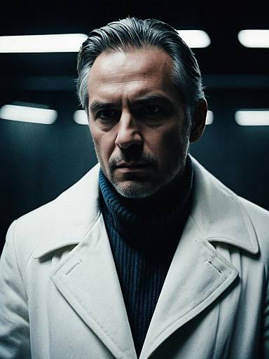 Dramatic Cinematic Portrait of Man in White Coat