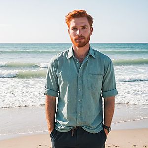 Red-haired man on beach with ocean waves