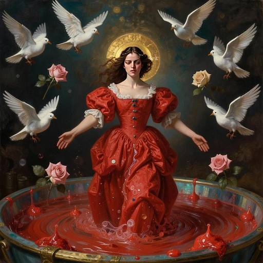Woman in Red Puffy Dress Standing in Boiling Red Wax Pool with White Doves and Roses