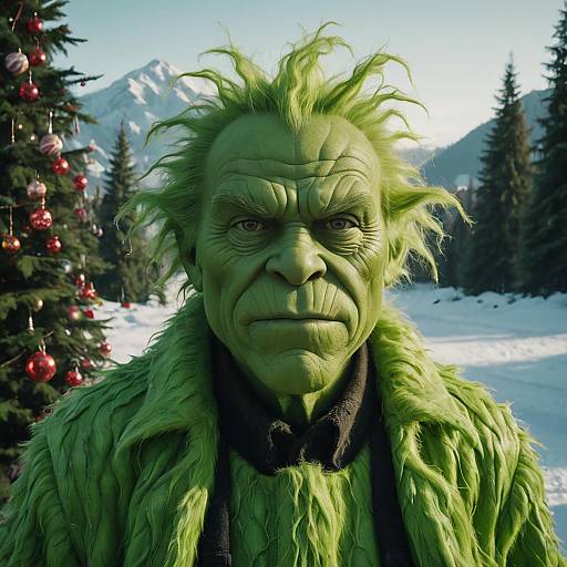 Realistic Grinch Portrait in Snowy Mountain Christmas Setting