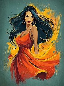 Elegant Woman in Orange Dress with Gold Hoops