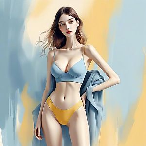 Confident Woman in Blue Bralette and Yellow Underwear