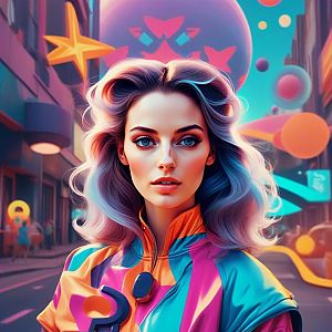 Vibrant Woman Portrait in Surreal Urban Landscape