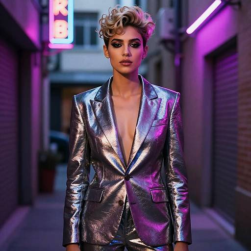 Fashionable Young Woman in Metallic Silver Blazer Under Neon Lights
