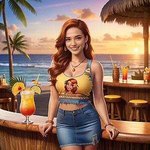 Young Woman at Tropical Beach Bar During Sunset