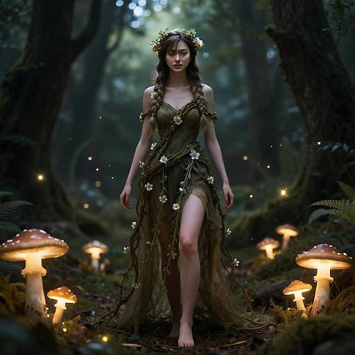 Mystical Woman in Enchanted Forest with Glowing Mushrooms and Floral Gown