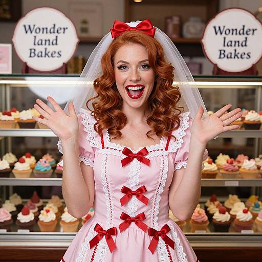 Red-Haired Woman in Vintage Pink Dress with Cupcakes at Wonderland Bakes