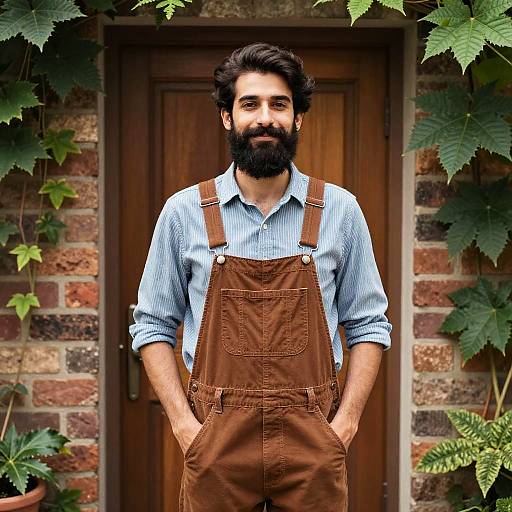Confident Young Man in Brown Overalls Outdoors