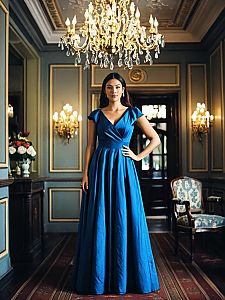 Elegant Woman in Blue Designer Gown in Luxurious Classic Interior