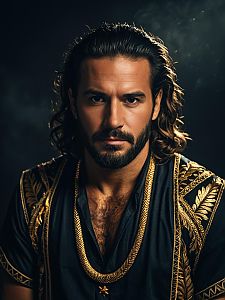 Photorealistic Portrait of Man in Detailed Maui Costume with Gold Embroidery