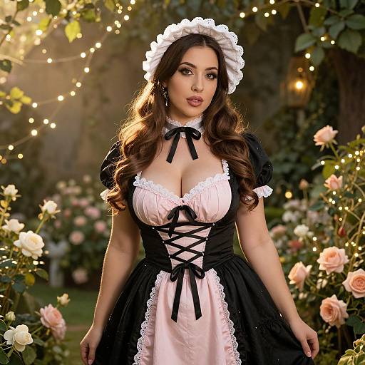 Vintage French Maid Costume Woman in Romantic Garden with Fairy Lights