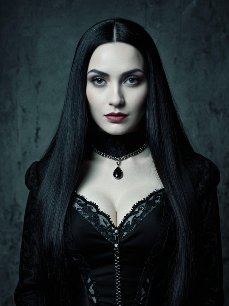 Cinematic Realism Portrait of Woman in Morticia Addams Costume with Gothic Style Cinematic Realism Portrait of Woman in Morticia Addams Costume with Gothic Style