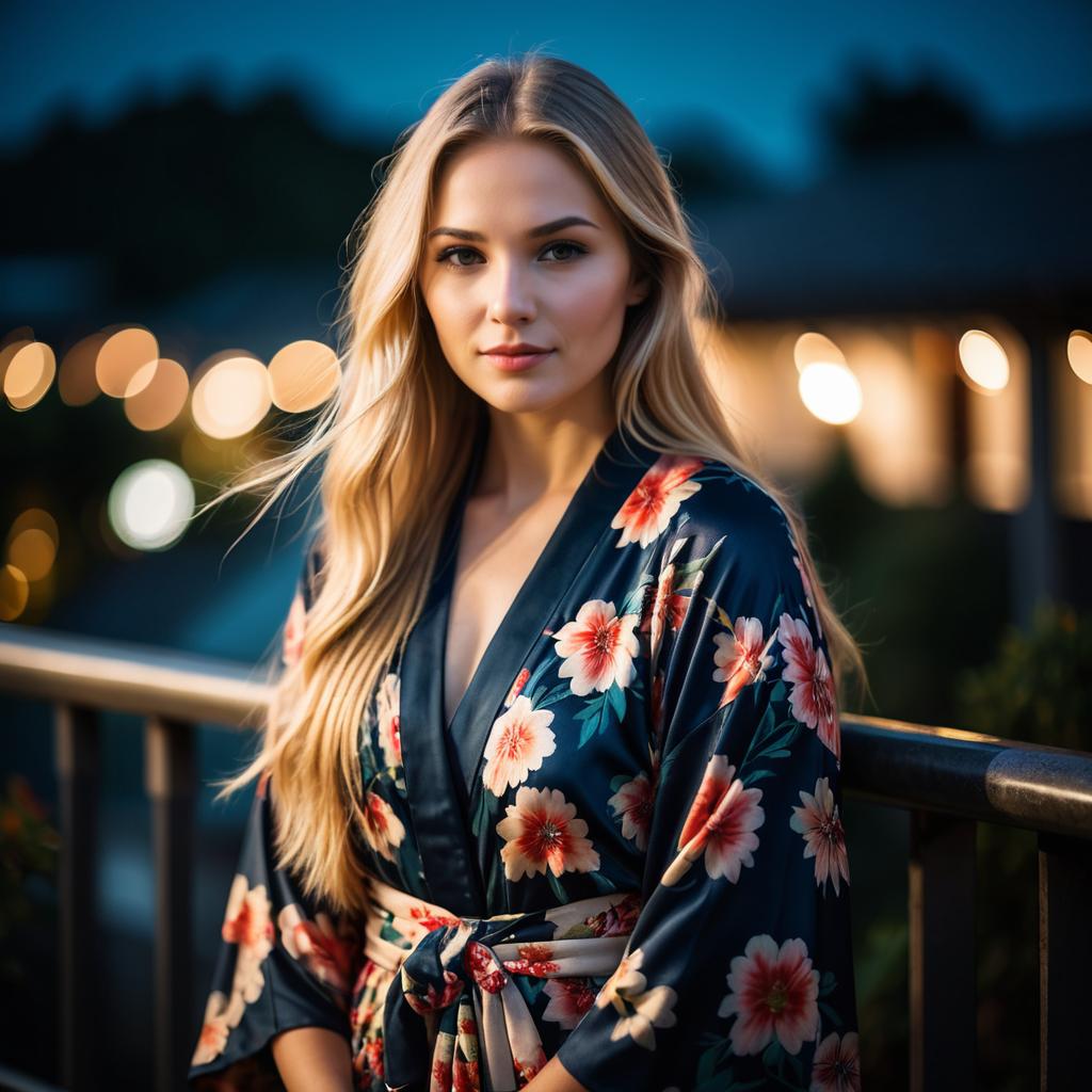 Young Blonde Woman in Floral Kimono at Twilight with Bokeh Lights