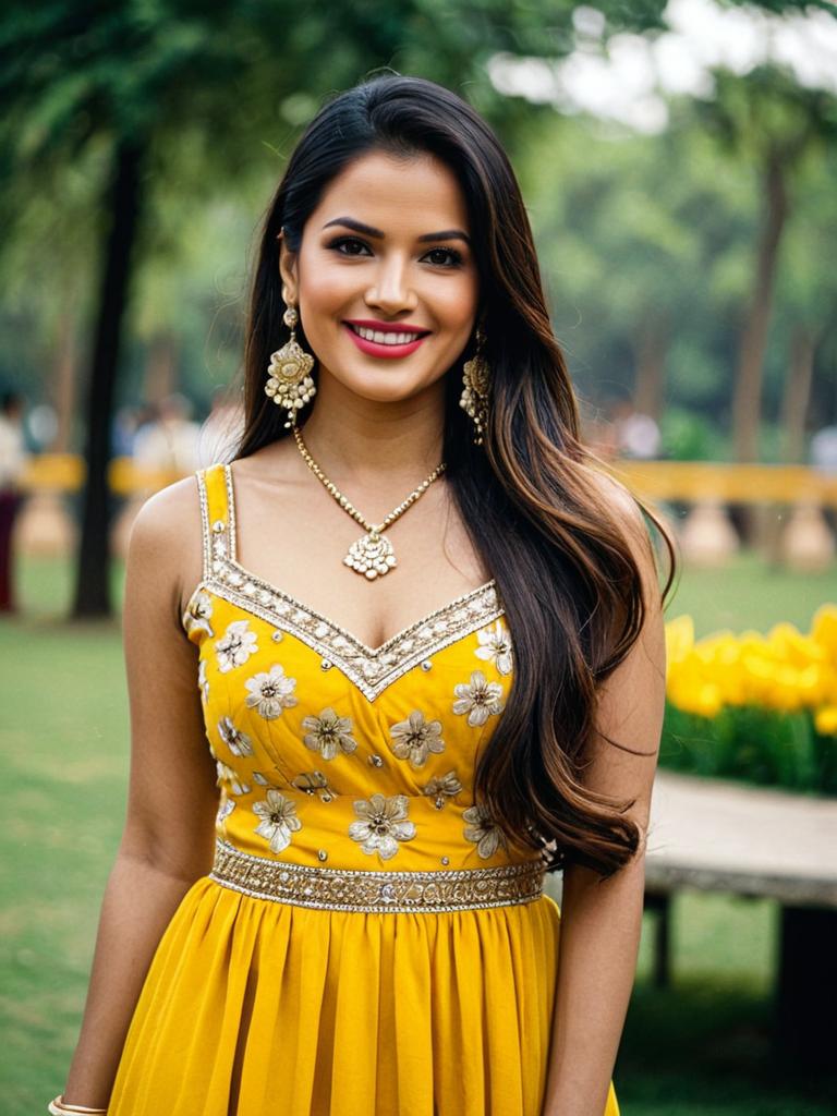 Elegant Woman in Yellow Party Wear Indo-Western Dress with Jewelry