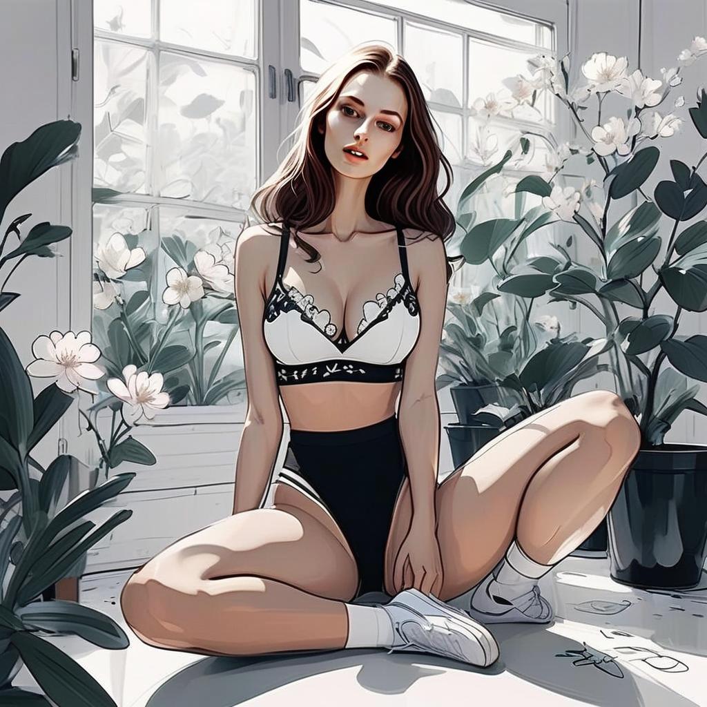 Woman in Lingerie on Floor with Plants Woman in Lingerie on Floor with Plants