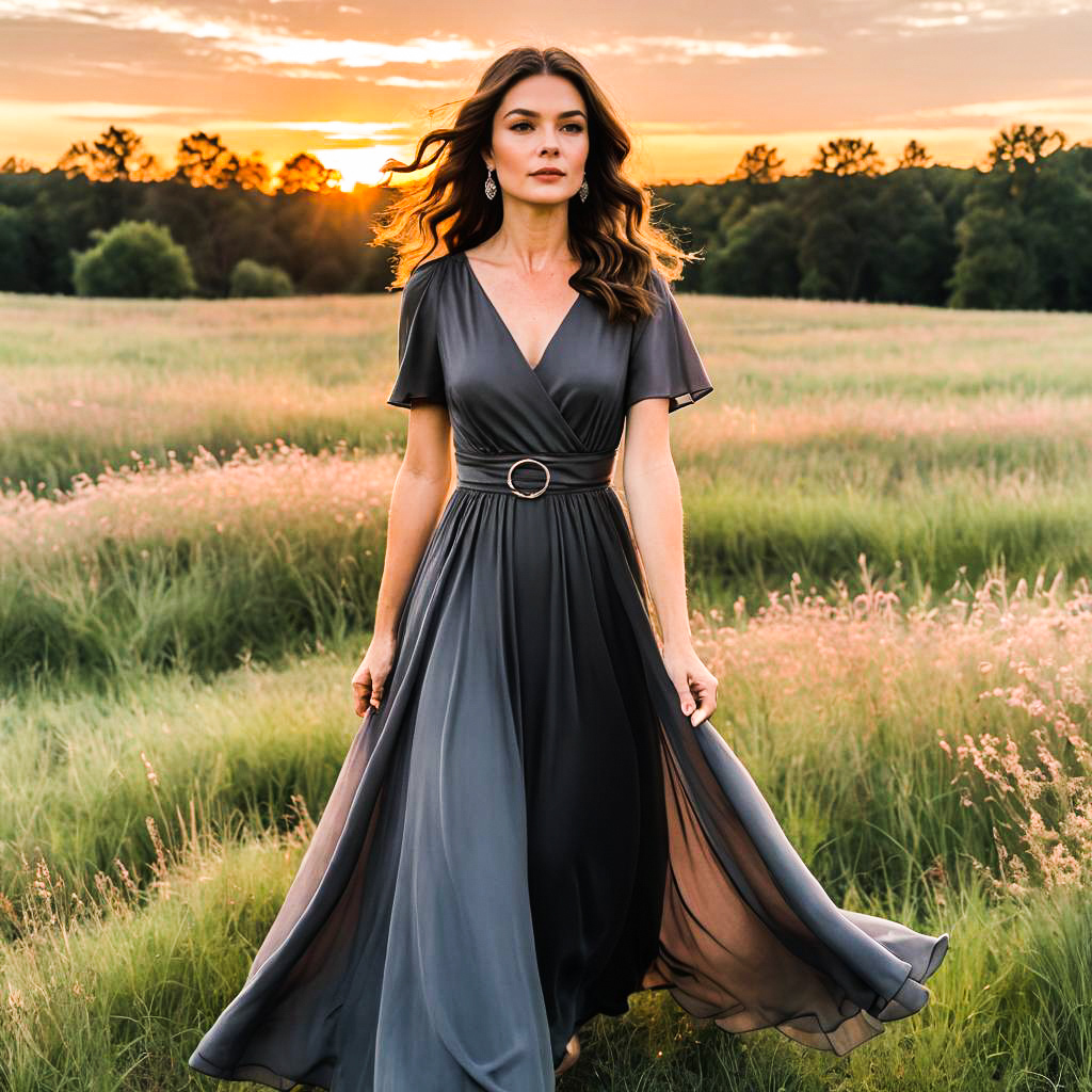 Graceful woman in grey dress walking through sunlit field at sunset