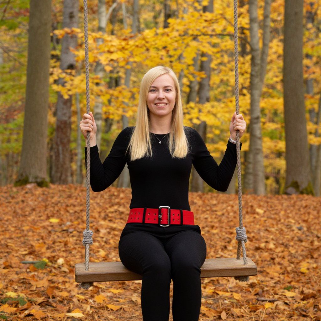 Woman on Wooden Swing Surrounded by Autumn Leaves in Forest