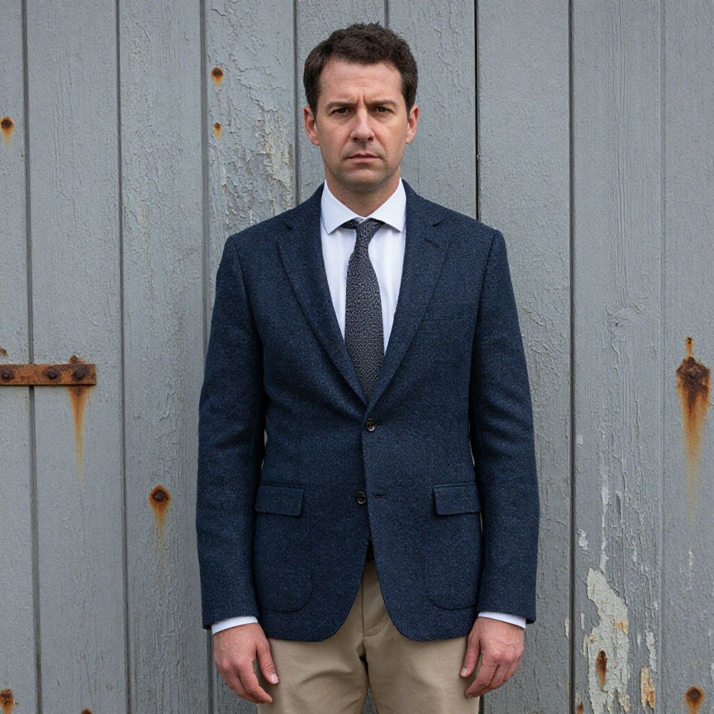 Man in Navy Blue Blazer Standing by Rustic Gray Door