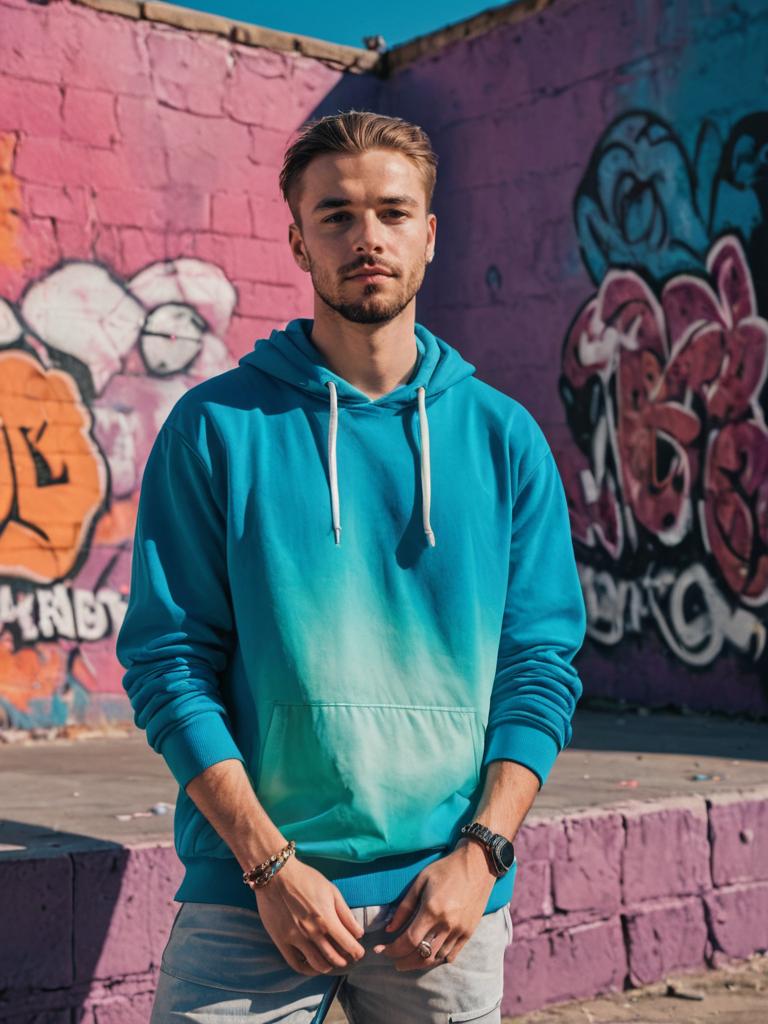 Stylish man in blue-green hoodie, graffiti wall