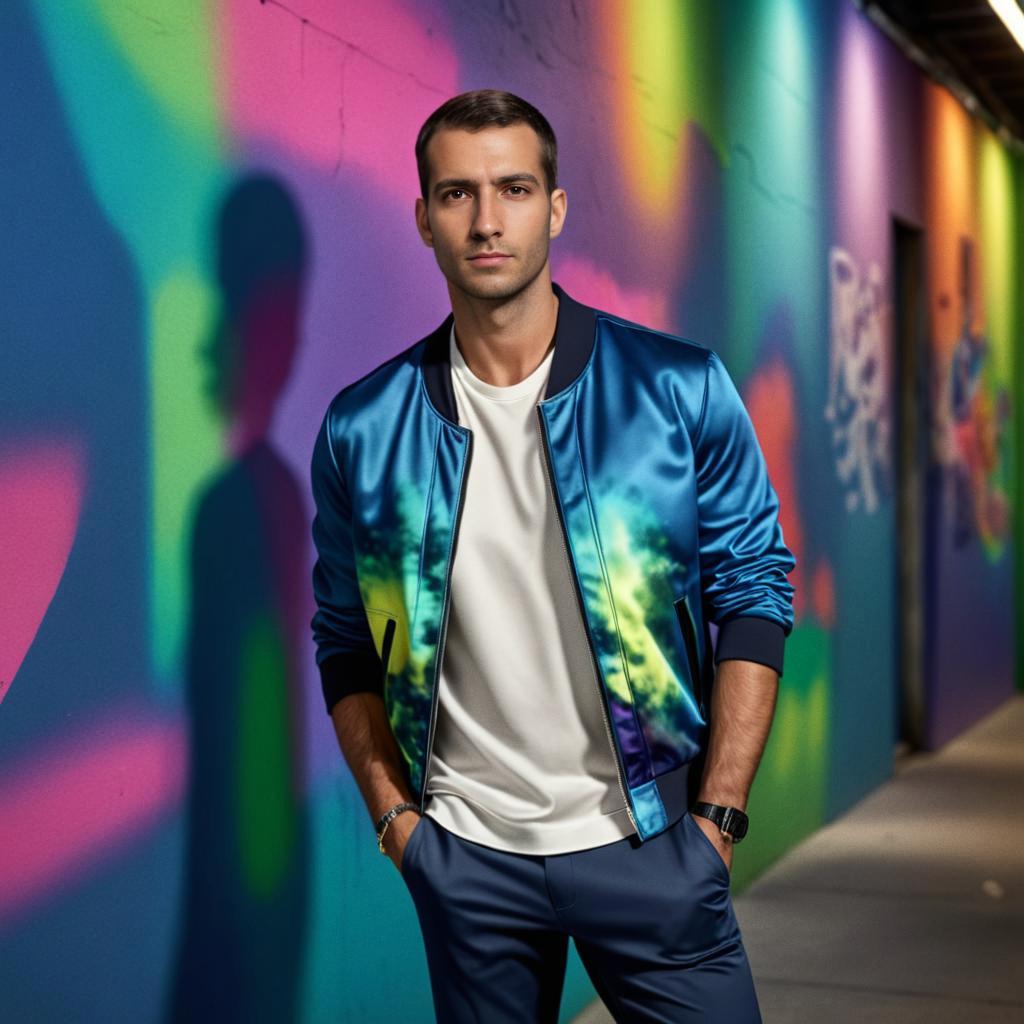 Stylish Man in Blue Bomber Jacket Against Graffiti Background