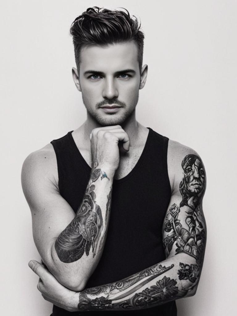 Stylish Man with Tattoo in Black and White Portrait