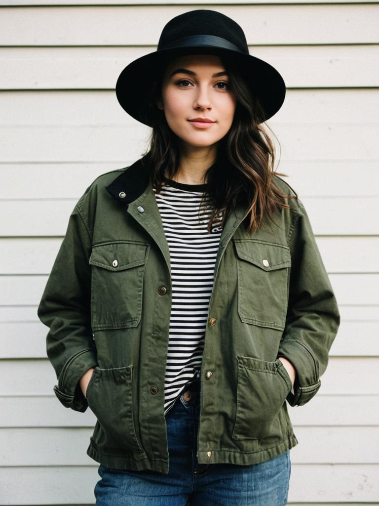 Young Woman Wearing Green Military Jacket and Black Hat in Casual Street Style