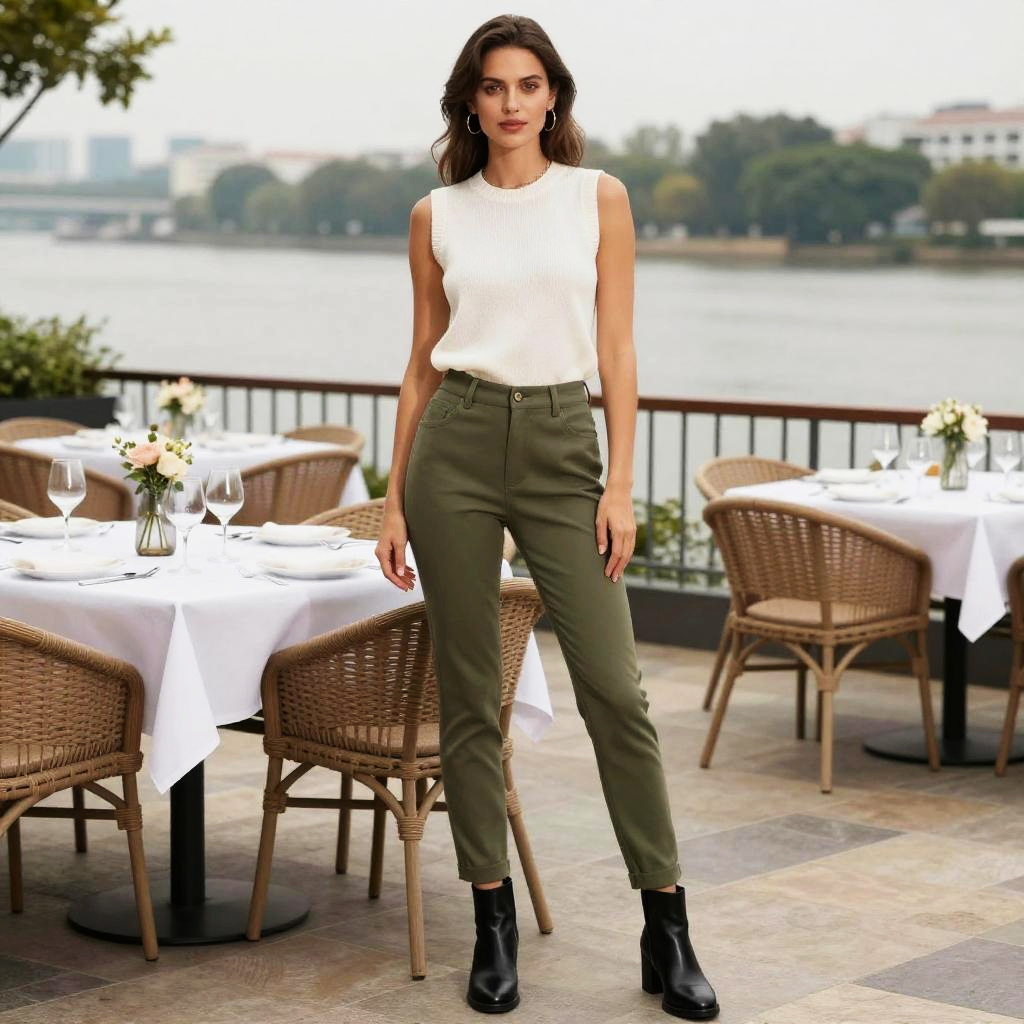 Casual Chic Woman in White Sleeveless Knit Top and Olive Green Pants by the Waterfront