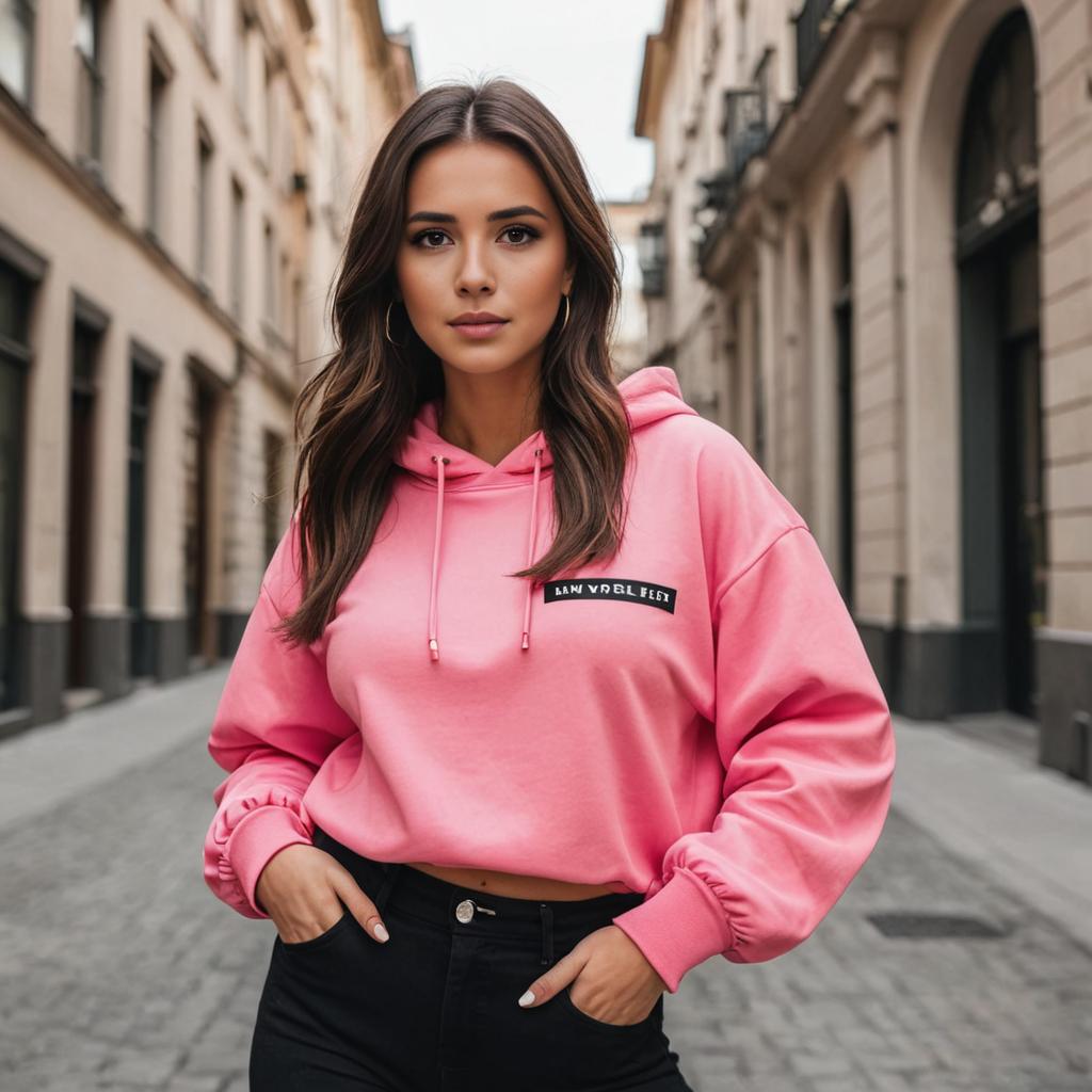 Confident Woman in Stylish Pink Hoodie on Cobblestone Street