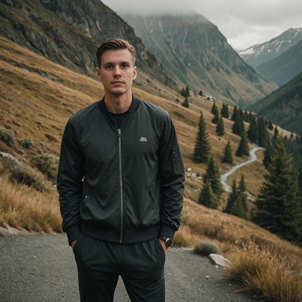 Man in Outdoor Apparel in Scenic Mountain Landscape