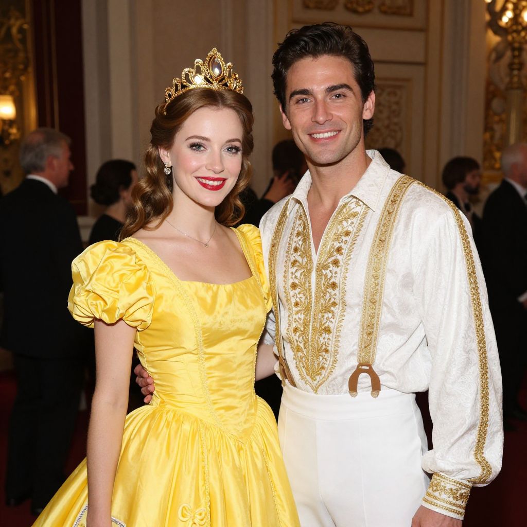 Couple in Royal Yellow and White Costume Attire at Formal Event
