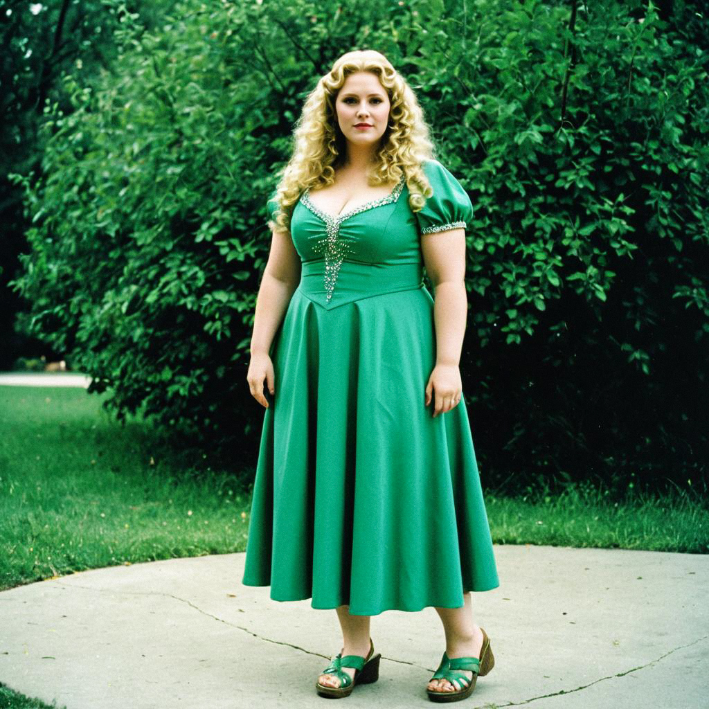 Plus-size woman in vintage green dress outdoors