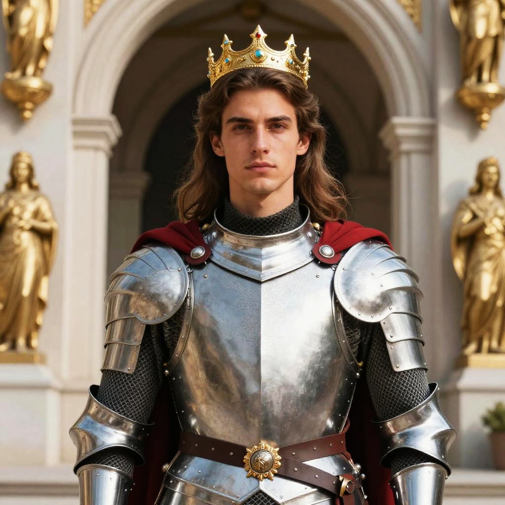 Young Man in Medieval Armor and Golden Crown as King