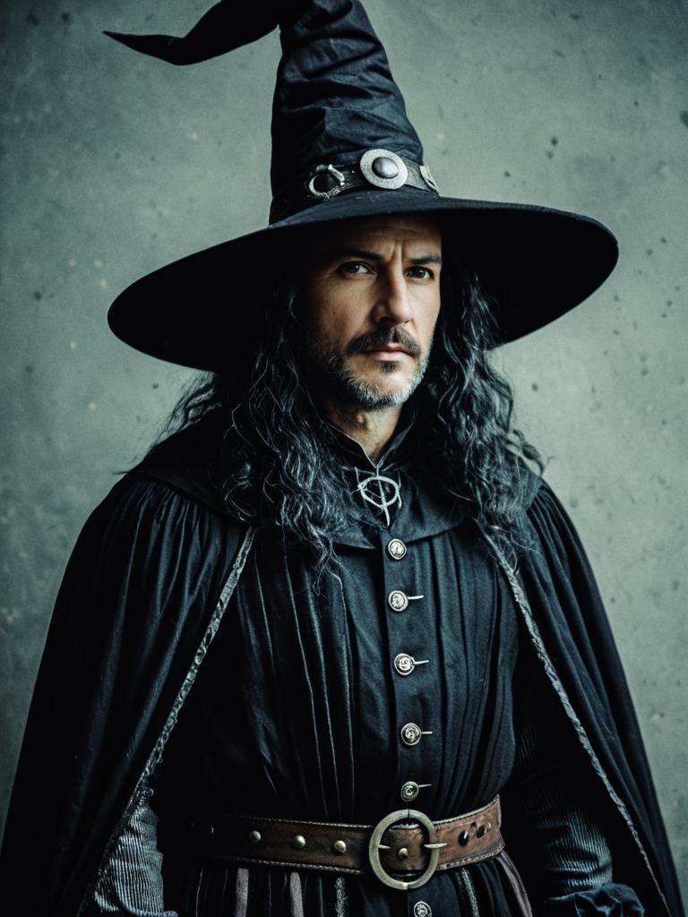 Man in Modern Witch Costume Waist Up Editorial Fantasy Portrait
