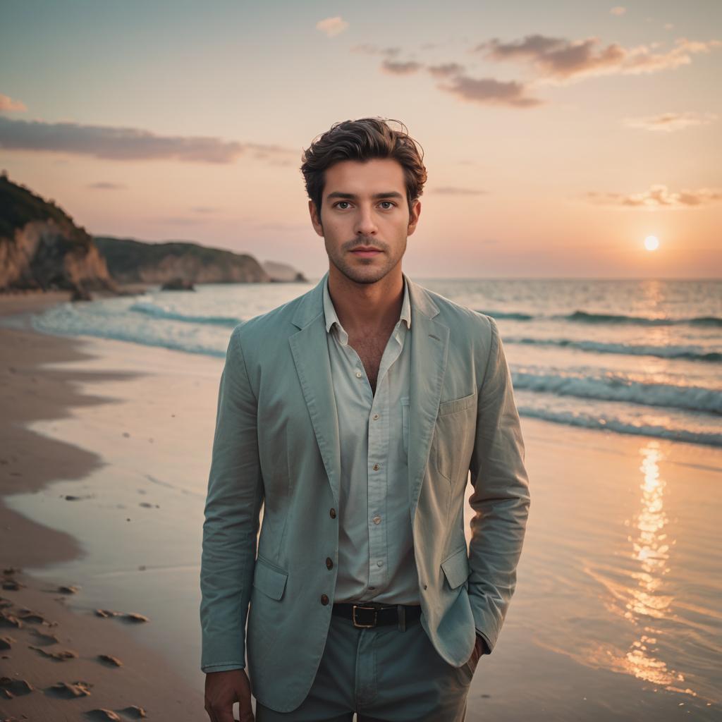 Stylish man on serene beach at sunset