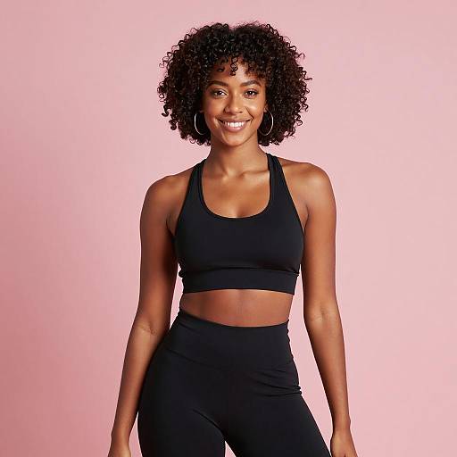 Smiling Woman in Black Athletic Wear Posing on Pink Background