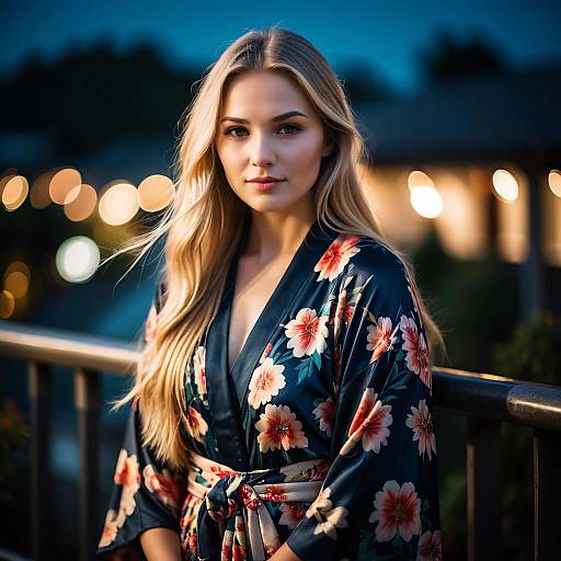 Young Blonde Woman in Floral Kimono at Twilight with Bokeh Lights