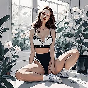 Woman in Lingerie on Floor with Plants