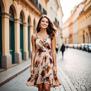 Smiling Woman in Floral Dress Walking on Charming European Street