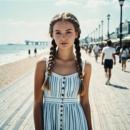 Young Woman in Braided Hair on Beach Boardwalk in Summer Dress