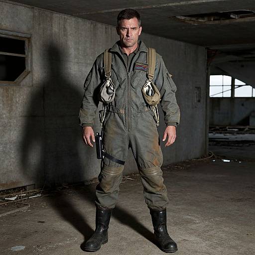 Man in Military Pilot Jumpsuit Standing in Abandoned Industrial Interior