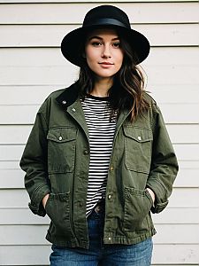 Young Woman Wearing Green Military Jacket and Black Hat in Casual Street Style